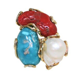 Italian Coral, Turquoise & Baroque Pearl Statement Ring - DIDAJ