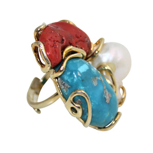 Italian Coral, Turquoise & Baroque Pearl Statement Ring - DIDAJ