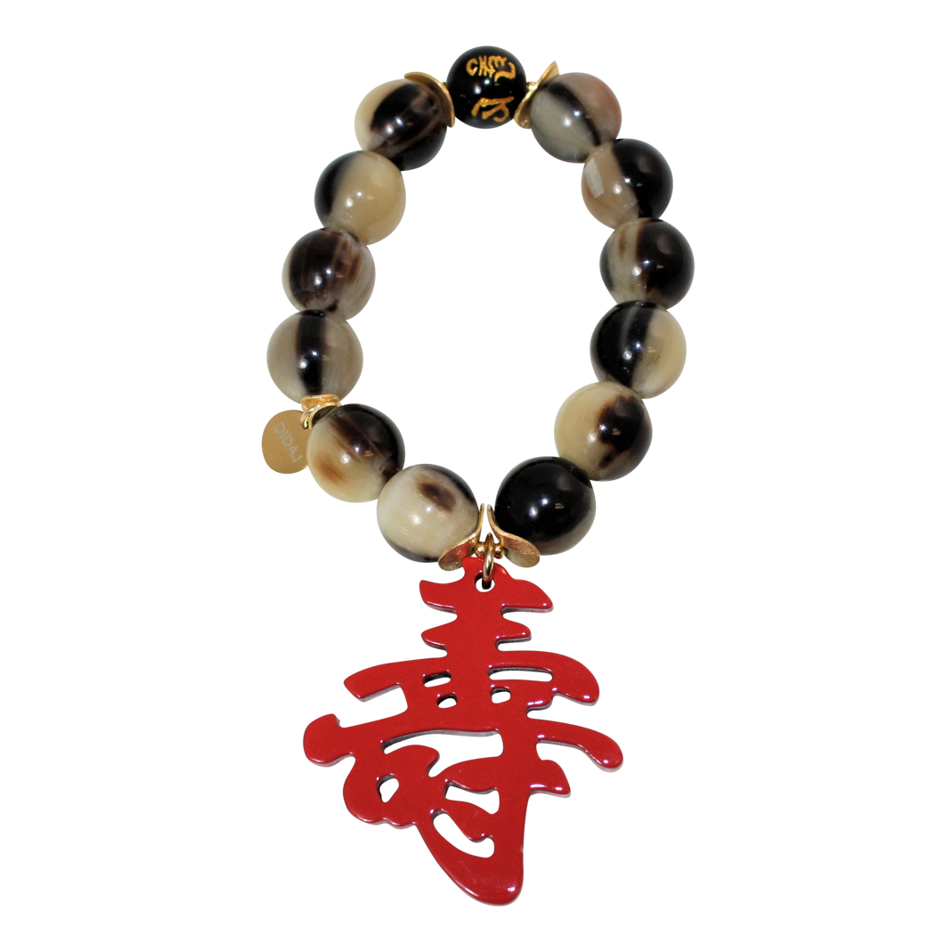 Buffalo Horn Bracelet With Lacquered Kanji 寿 LONGEVITY Character Charm and Lucky Obsidian Bead - DIDAJ