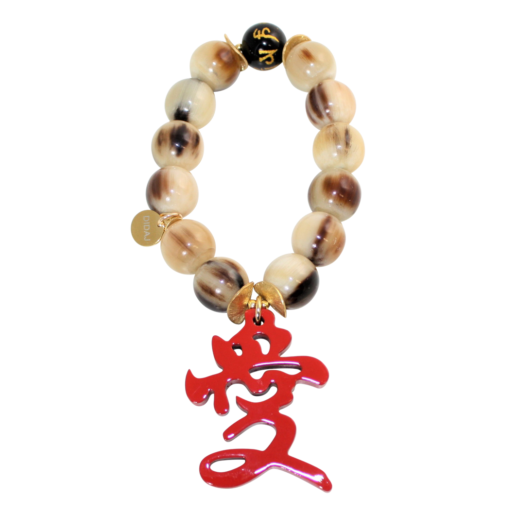 Buffalo Horn Bracelet With Lacquered Kanji 愛 LOVE Character Charm and Lucky Obsidian Bead - DIDAJ