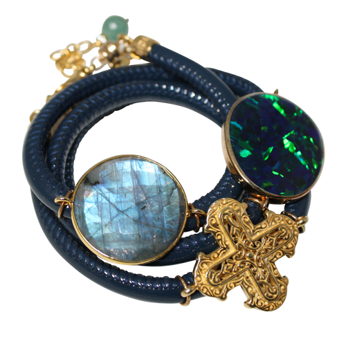 Aqua Navy Patent Italian Wrap Leather Bracelet With Faceted Labradorite, Opal, and Cross - DIDAJ