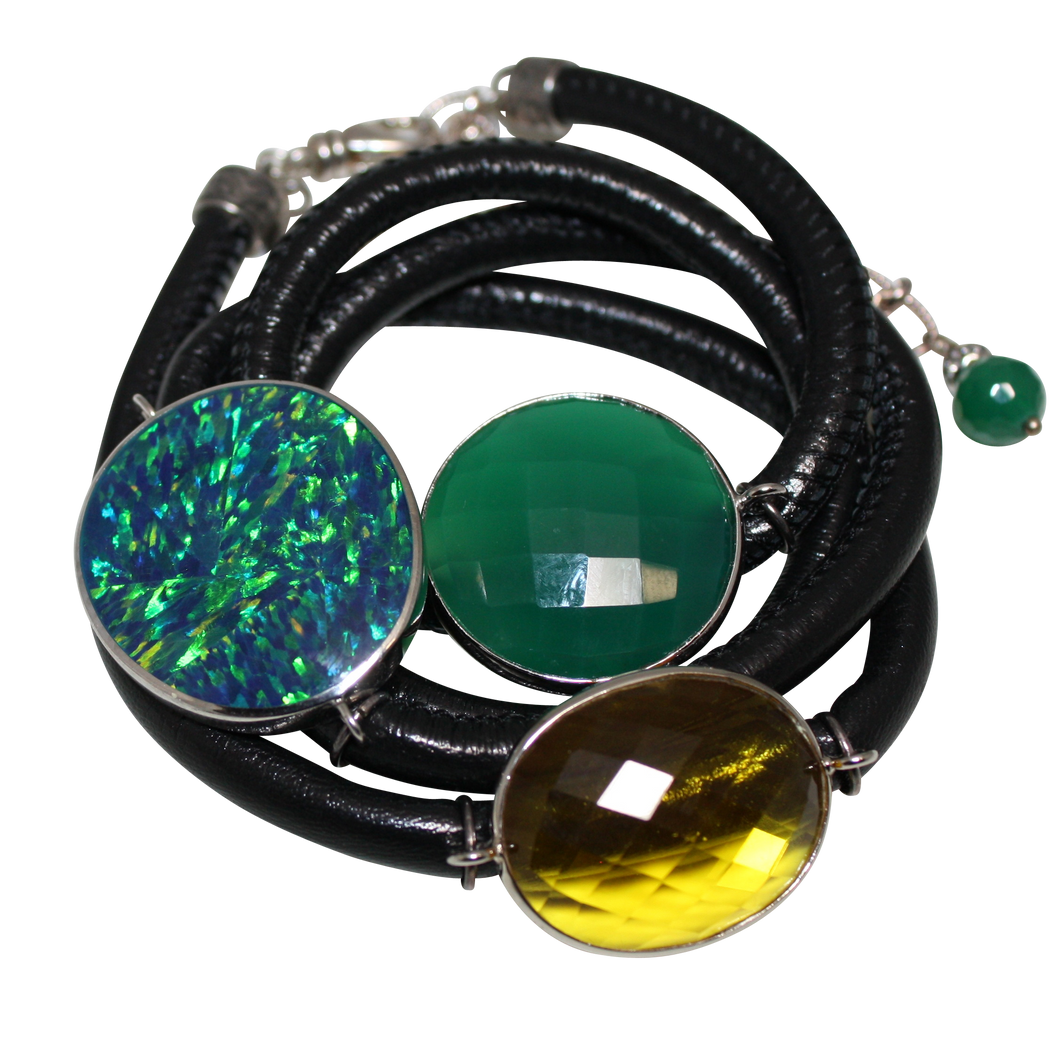 Black Italian Wrap Leather Bracelet With Opal, Faceted Green Onyx & Citrine Quartz - DIDAJ