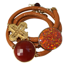 Load image into Gallery viewer, Camel Brown Snake Italian Wrap Leather Bracelet With Faceted Carnelian, Opal, and Cross - DIDAJ