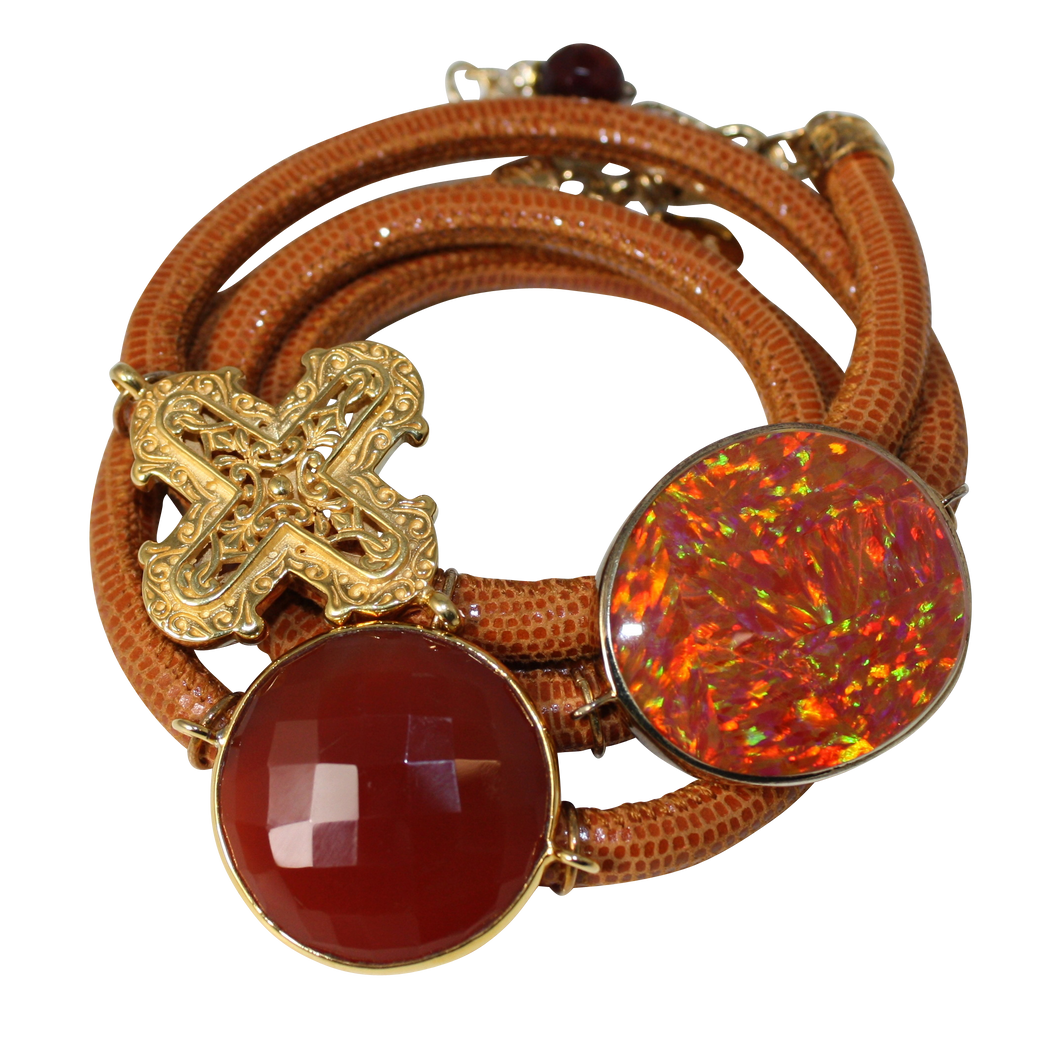Camel Brown Snake Italian Wrap Leather Bracelet With Faceted Carnelian, Opal, and Cross - DIDAJ