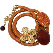Load image into Gallery viewer, Camel Brown Snake Italian Wrap Leather Bracelet With Faceted Carnelian, Opal, and Cross - DIDAJ