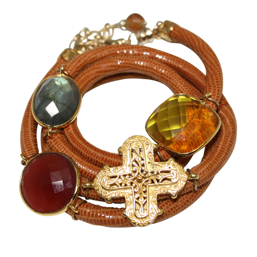 Camel Brown Snake Italian Wrap Leather Bracelet With Labradorite, Carnelian, Citrine Quartz & Cross - DIDAJ
