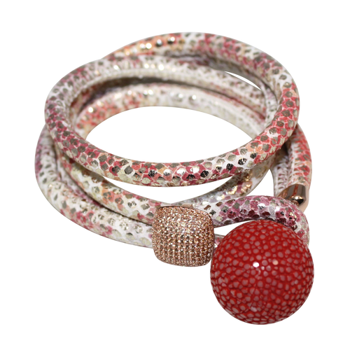 Gold & Coral Snake Italian Wrap Leather Bracelet With CZ Slider & Coral Stingray Sphere - DIDAJ