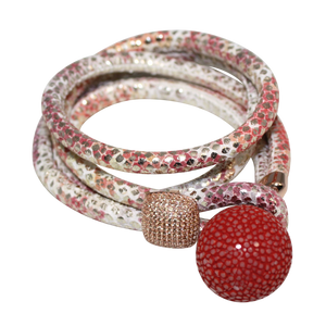 Gold & Coral Snake Italian Wrap Leather Bracelet With CZ Slider & Coral Stingray Sphere - DIDAJ