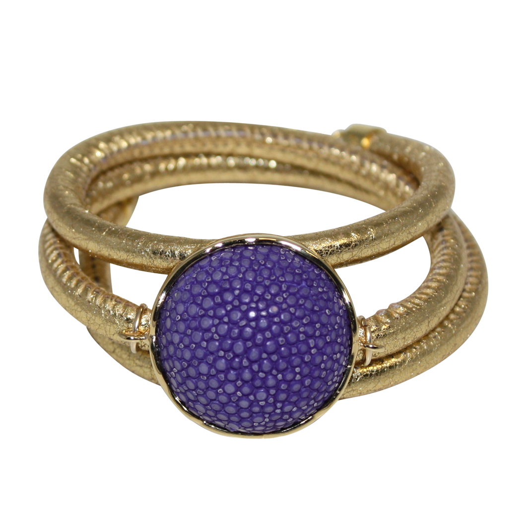 Gold Italian Wrap Leather Bracelet With Purple Stingray Connector - DIDAJ