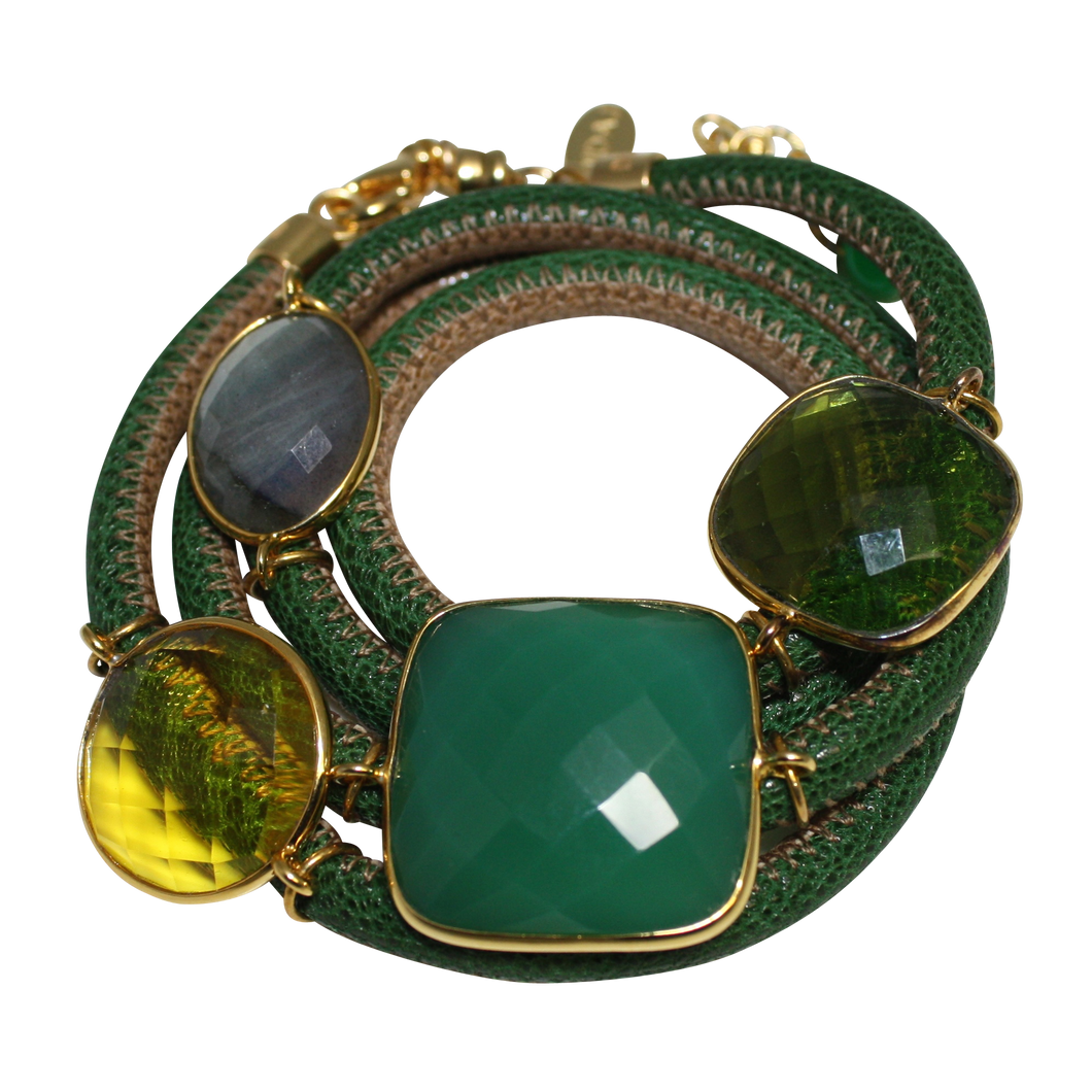 Green & Beige Italian Wrap Leather Bracelet With Green Onyx, Labradorite, Peridot & Citrine Quartz - DIDAJ