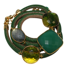 Load image into Gallery viewer, Green &amp; Beige Italian Wrap Leather Bracelet With Green Onyx, Labradorite, Peridot &amp; Citrine Quartz - DIDAJ