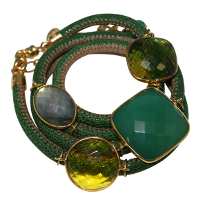 Green & Beige Italian Wrap Leather Bracelet With Green Onyx, Labradorite, Peridot & Citrine Quartz - DIDAJ