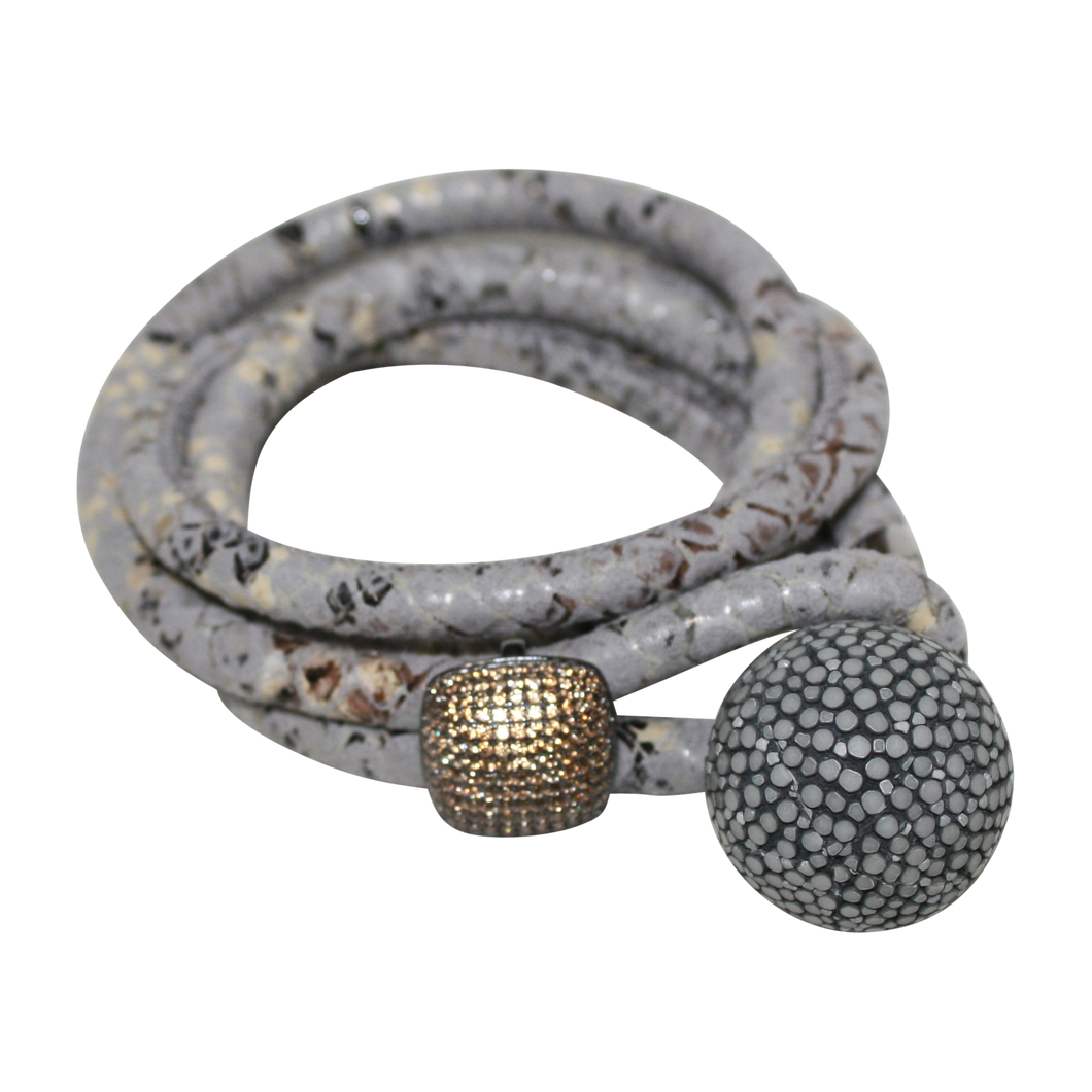 Grey, Beige & Black Snake Italian Wrap Leather Bracelet With CZ Slider & Stingray Sphere - DIDAJ
