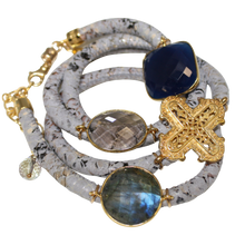 Load image into Gallery viewer, Grey &amp; Beige Snake Italian Wrap Leather Bracelet With Labradorite, Blue Onyx, Smoky Quartz &amp; Cross - DIDAJ