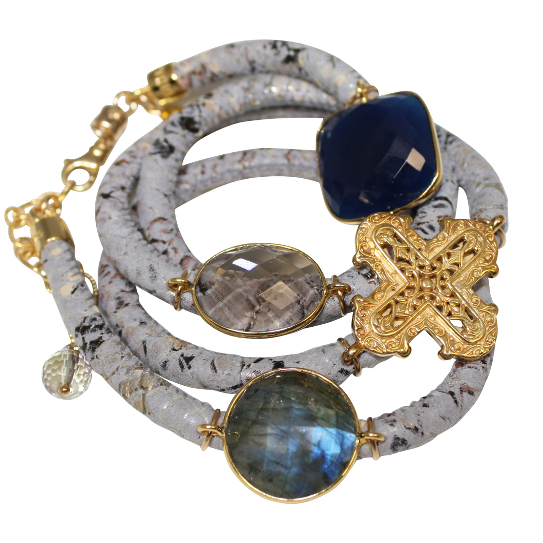 Grey & Beige Snake Italian Wrap Leather Bracelet With Labradorite, Blue Onyx, Smoky Quartz & Cross - DIDAJ