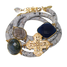 Load image into Gallery viewer, Grey &amp; Beige Snake Italian Wrap Leather Bracelet With Labradorite, Blue Onyx, Smoky Quartz &amp; Cross - DIDAJ