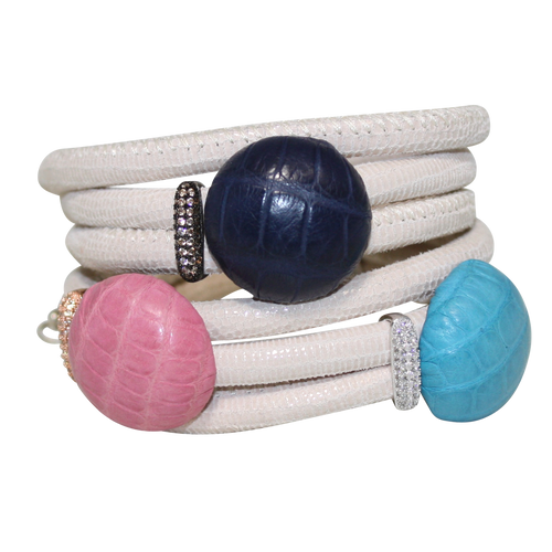 Ivory Snake Italian Wrap Leather Bracelet With Pink, Blue and Turquoise Crocodile - DIDAJ