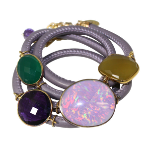 Lavender Grey Italian Wrap Leather Bracelet With Opal, Chalcedony, Green Onyx, & Amethyst Quartz - DIDAJ