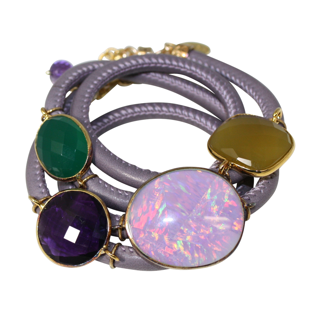 Lavender Grey Italian Wrap Leather Bracelet With Opal, Chalcedony, Green Onyx, & Amethyst Quartz - DIDAJ