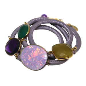 Lavender Grey Italian Wrap Leather Bracelet With Opal, Chalcedony, Green Onyx, & Amethyst Quartz - DIDAJ