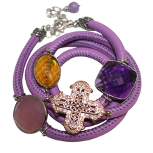Load image into Gallery viewer, Lavender Italian Wrap Leather Bracelet With Pink Chalcedony, Amethyst &amp; Citrine Quartz, and Cross - DIDAJ