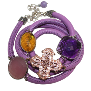 Lavender Italian Wrap Leather Bracelet With Pink Chalcedony, Amethyst & Citrine Quartz, and Cross - DIDAJ