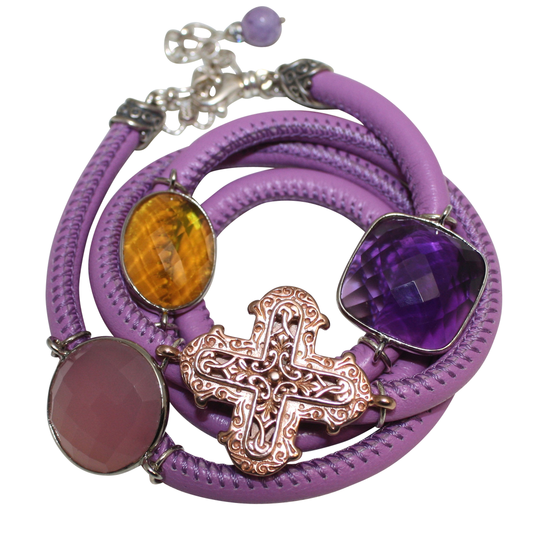 Lavender Italian Wrap Leather Bracelet With Pink Chalcedony, Amethyst & Citrine Quartz, and Cross - DIDAJ