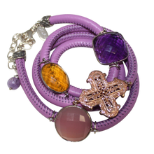 Load image into Gallery viewer, Lavender Italian Wrap Leather Bracelet With Pink Chalcedony, Amethyst &amp; Citrine Quartz, and Cross - DIDAJ