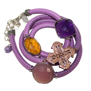 Lavender Italian Wrap Leather Bracelet With Pink Chalcedony, Amethyst & Citrine Quartz, and Cross - DIDAJ