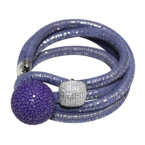 Lavender & Silver Italian Wrap Leather Bracelet With CZ Slider & Purple Stingray Sphere - DIDAJ