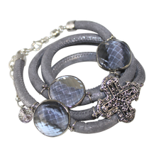 Load image into Gallery viewer, Lavender &amp; Silver Italian Wrap Leather Bracelet With Faceted Pink Amethyst Quartz and Cross - DIDAJ