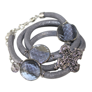 Lavender & Silver Italian Wrap Leather Bracelet With Faceted Pink Amethyst Quartz and Cross - DIDAJ