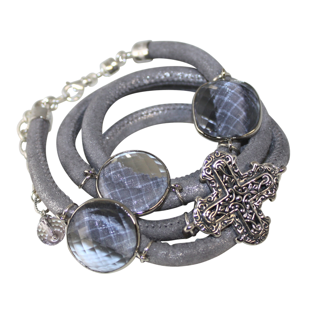 Lavender & Silver Italian Wrap Leather Bracelet With Faceted Pink Amethyst Quartz and Cross - DIDAJ