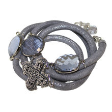 Load image into Gallery viewer, Lavender &amp; Silver Italian Wrap Leather Bracelet With Faceted Pink Amethyst Quartz and Cross - DIDAJ