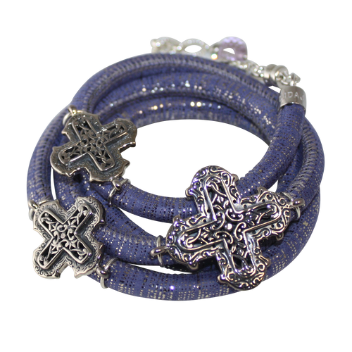 Lavender & Silver Italian Wrap Leather Bracelet With Sterling Silver Crosses - DIDAJ