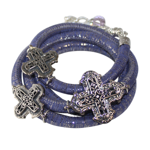 Lavender & Silver Italian Wrap Leather Bracelet With Sterling Silver Crosses - DIDAJ