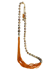 Long Multi-Strand Carnelian Necklace with Baroque Pearl, Citrine and Multi-Color Sapphire Accents - DIDAJ