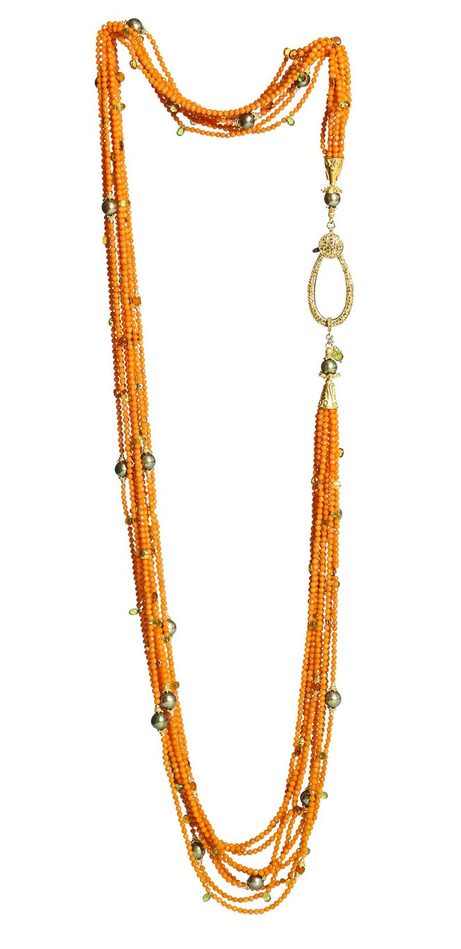 Long Multi-Strand Faceted Coral Necklace with Citrine, Peridot, Carnelian and Pearl Accents - DIDAJ