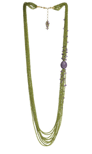 Long Multi-Strand Faceted Peridot & Amethyst Necklace with Amethyst Pave Bead - DIDAJ