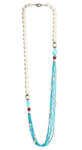 Long Multi-Strand Faceted Turquoise Necklace with Akoya Pearl, Ruby and Diamonds Accents - DIDAJ