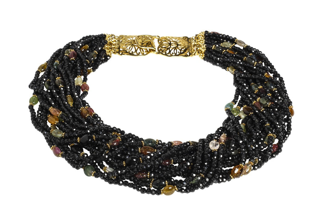 Multi-Strand Black Faceted Spinel and Multi-Color Tourmaline Cabochon Necklace - DIDAJ
