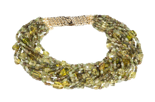 Multi-Strand Faceted Green Garnet, Peridot, Lemon Quartz and Olive Green Columbian Amber Necklace - DIDAJ