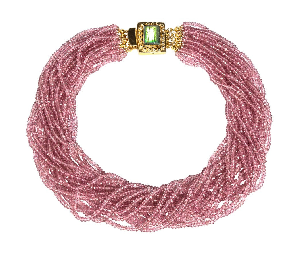 Multi-Strand Faceted Pink Topaz Necklace with Pearl Accents by Labradorite Clasp - DIDAJ