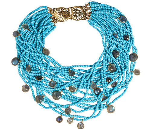 Multi-Strand Faceted Turquoise Necklace with Labradorite Charms - DIDAJ