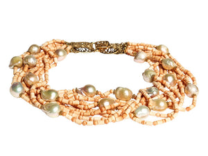 Multi-Strand Italian Carniola and Natural Peach Baroque Pearl Necklace - DIDAJ