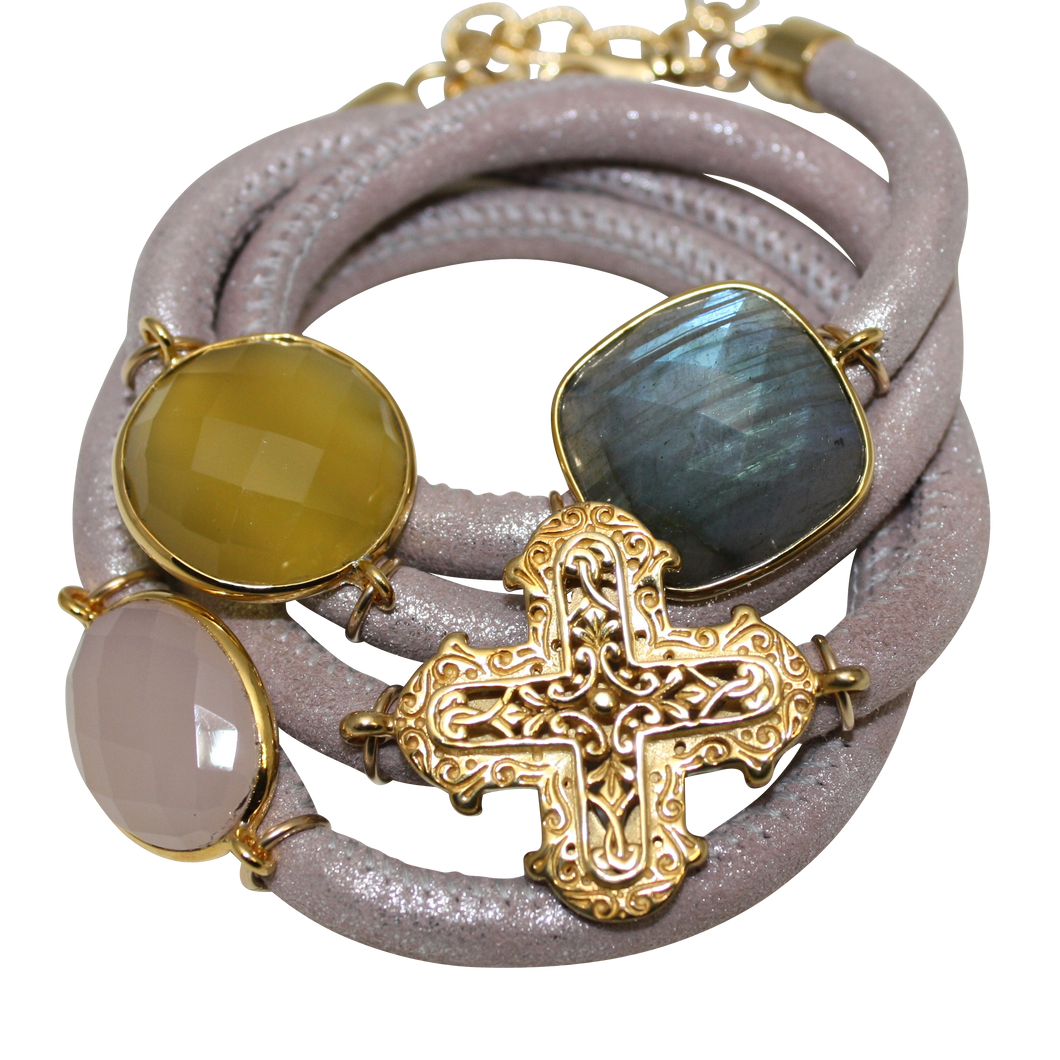 Natural Beige Italian Wrap Leather Bracelet With Labradorite, Pink & Yellow Chalcedony, and Cross - DIDAJ