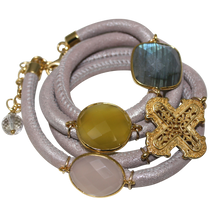 Load image into Gallery viewer, Natural Beige Italian Wrap Leather Bracelet With Labradorite, Pink &amp; Yellow Chalcedony, and Cross - DIDAJ