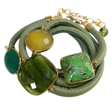 Load image into Gallery viewer, Olive Green Italian Wrap Leather Bracelet With Green Onyx, Chalcedony, Peridot Quartz &amp; Turquoise - DIDAJ