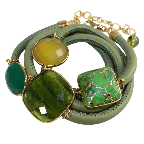 Olive Green Italian Wrap Leather Bracelet With Green Onyx, Chalcedony, Peridot Quartz & Turquoise - DIDAJ