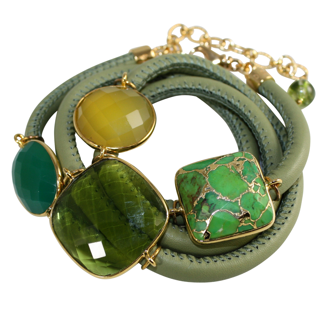 Olive Green Italian Wrap Leather Bracelet With Green Onyx, Chalcedony, Peridot Quartz & Turquoise - DIDAJ